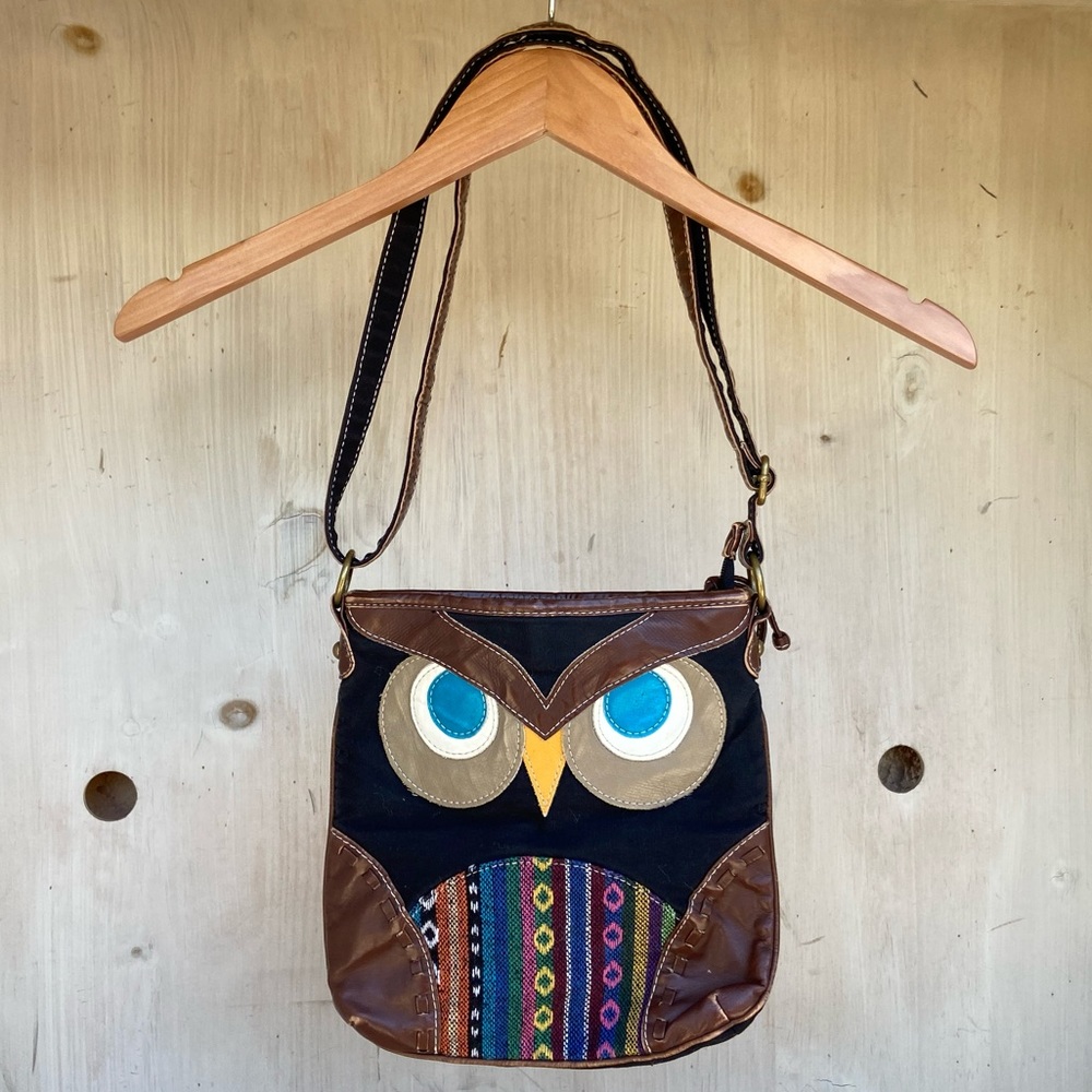 Vintage Owl embellished canvas vegan leather zipper close crossbody shoulder bag